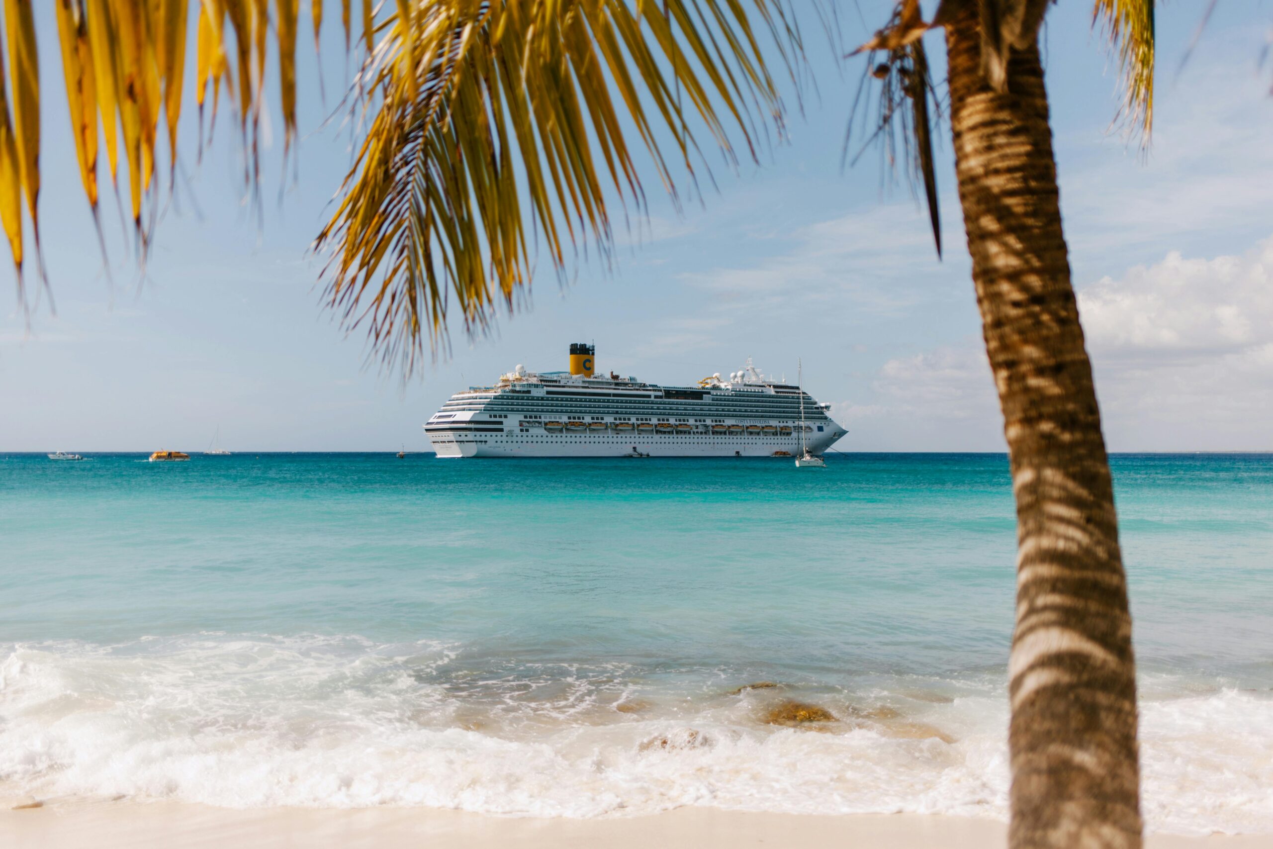 Tropical beach view with cruise ship and palm tree in turquoise waters.